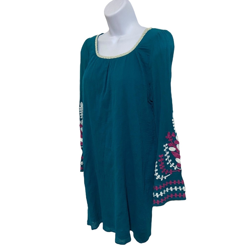 Umgee Teal Blue Embroidered Bell Sleeve Boho Shift Dress Peasant Hippie Gypsy M - Picture 3 of 9